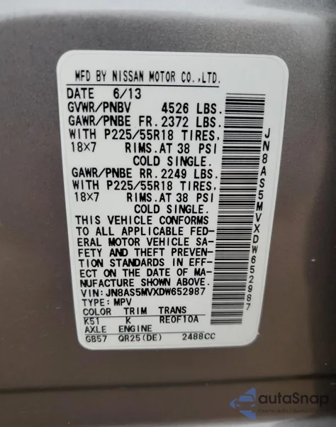 2013 Nissan Rogue S из США, поврежденный, VIN JN8AS5MVXDW652987